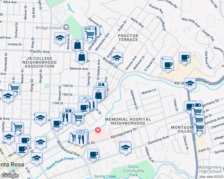 map of restaurants, bars, coffee shops, grocery stores, and more near 1776 Proctor Drive in Santa Rosa