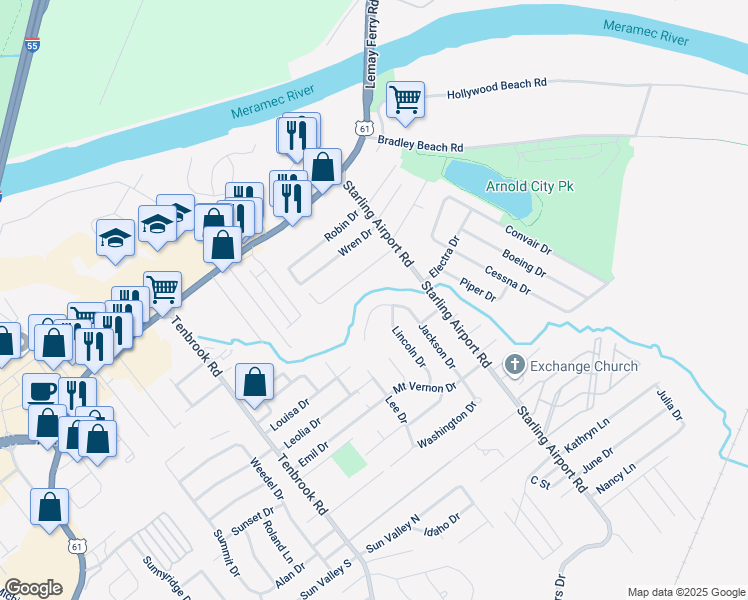 map of restaurants, bars, coffee shops, grocery stores, and more near 528 Ray Del Drive in Arnold