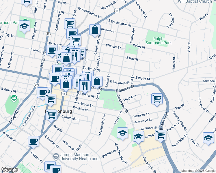 map of restaurants, bars, coffee shops, grocery stores, and more near 52 Myrtle Street in Harrisonburg