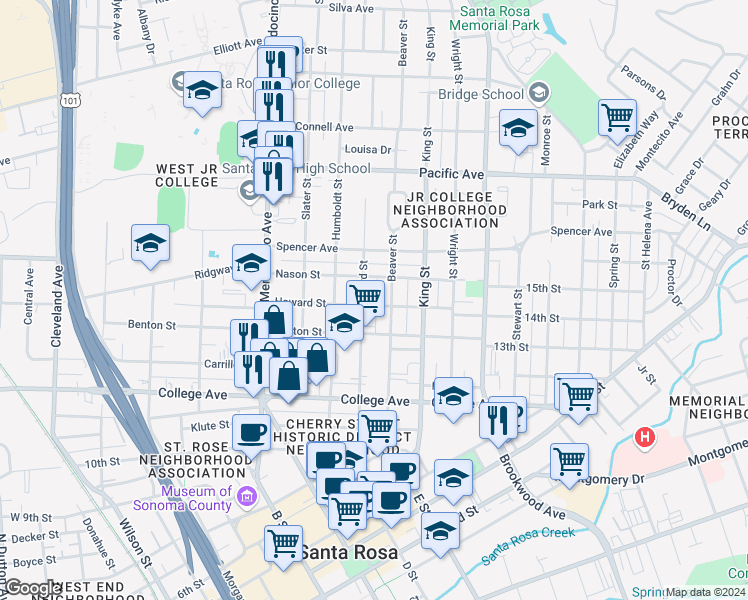 map of restaurants, bars, coffee shops, grocery stores, and more near 923 Orchard Street in Santa Rosa