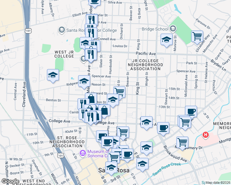 map of restaurants, bars, coffee shops, grocery stores, and more near 923 Orchard Street in Santa Rosa