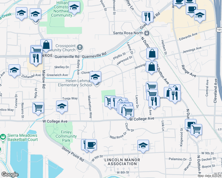 map of restaurants, bars, coffee shops, grocery stores, and more near 1335 Jennings Park Way in Santa Rosa