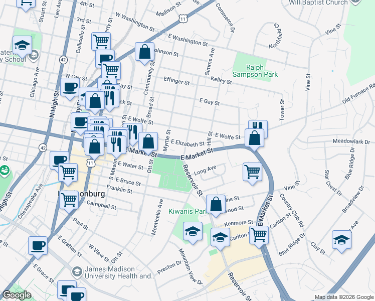 map of restaurants, bars, coffee shops, grocery stores, and more near 464 East Elizabeth Street in Harrisonburg