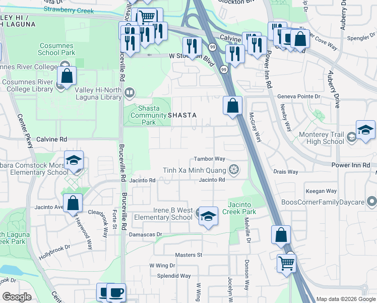 map of restaurants, bars, coffee shops, grocery stores, and more near 7900 Shasta Avenue in Elk Grove