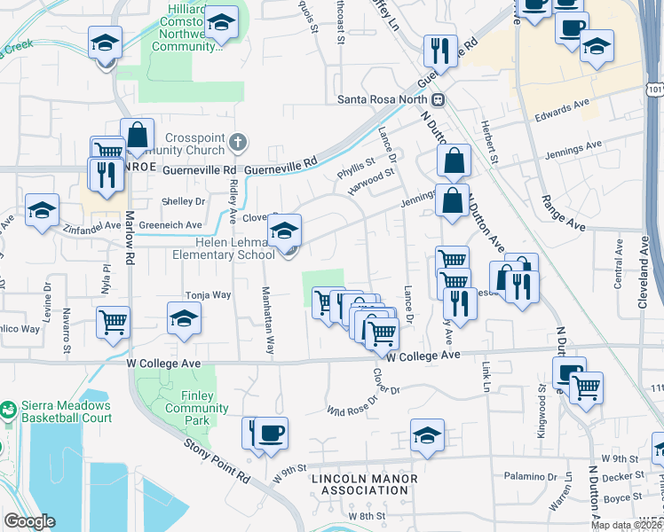 map of restaurants, bars, coffee shops, grocery stores, and more near 1335 Jennings Park Way in Santa Rosa