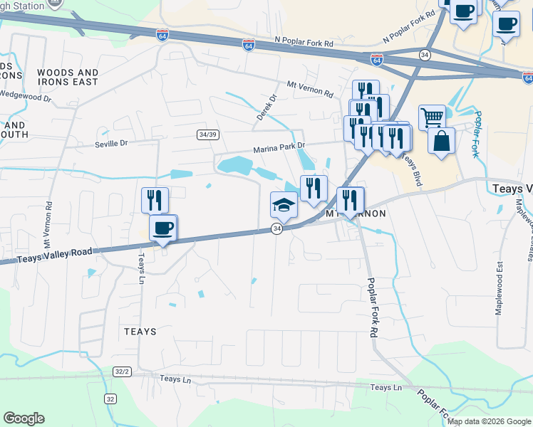 map of restaurants, bars, coffee shops, grocery stores, and more near 98 Lake Chadesa Drive in Hurricane