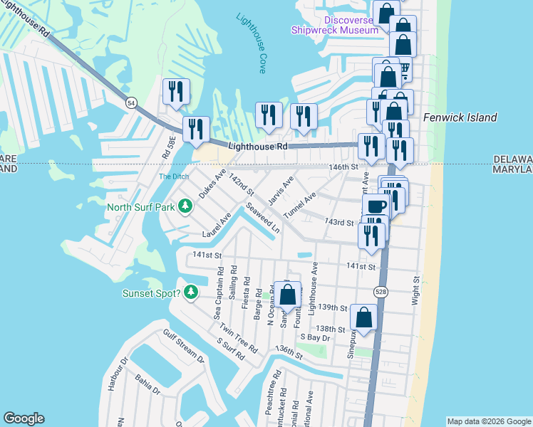 map of restaurants, bars, coffee shops, grocery stores, and more near 14301 Jarvis Avenue in Ocean City