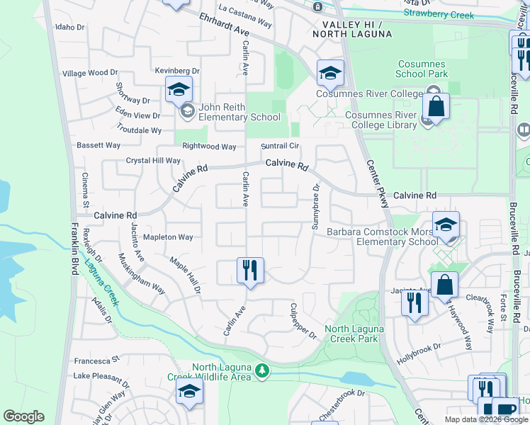 map of restaurants, bars, coffee shops, grocery stores, and more near 6048 Sun Dial Way in Sacramento