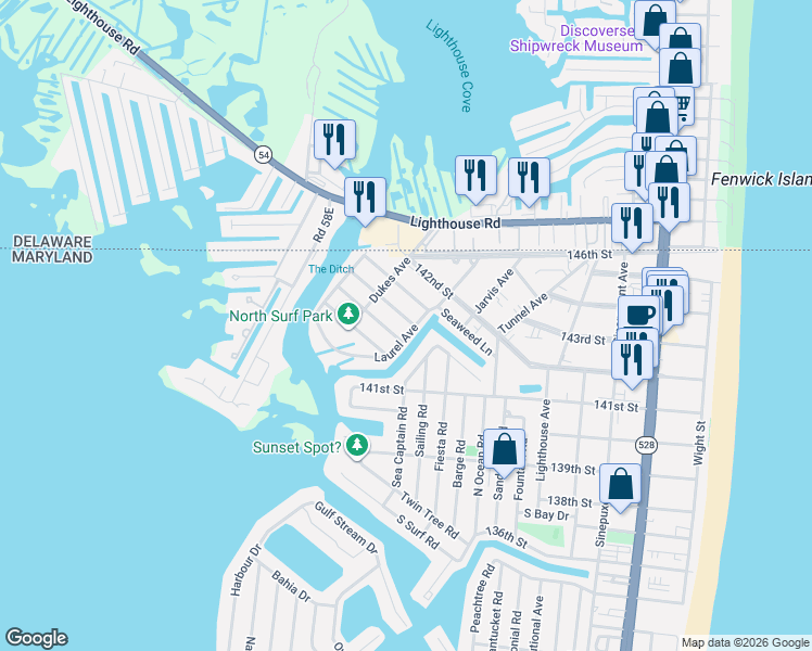 map of restaurants, bars, coffee shops, grocery stores, and more near 710 Hurricane Road in Ocean City