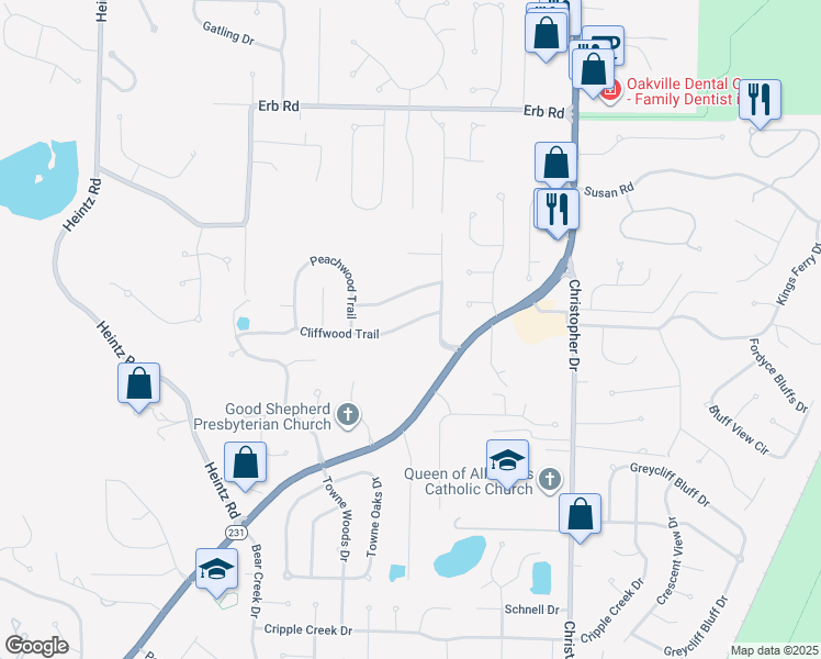 map of restaurants, bars, coffee shops, grocery stores, and more near 2652 Whitewood Trail in St. Louis