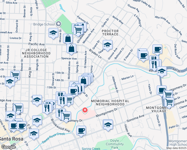 map of restaurants, bars, coffee shops, grocery stores, and more near 1702 Austin Way in Santa Rosa
