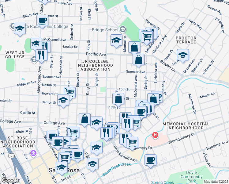 map of restaurants, bars, coffee shops, grocery stores, and more near 1119 15th Street in Santa Rosa