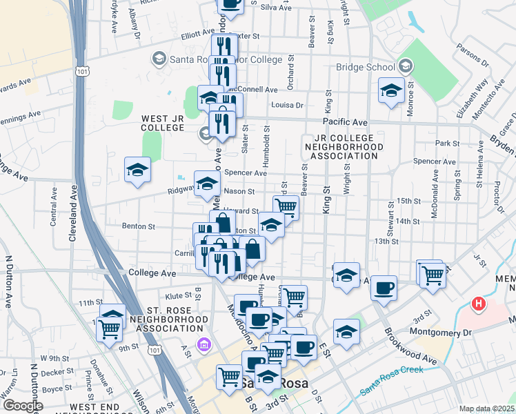 map of restaurants, bars, coffee shops, grocery stores, and more near 931 Humboldt Street in Santa Rosa