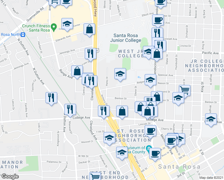 map of restaurants, bars, coffee shops, grocery stores, and more near 211 Ridgway Avenue in Santa Rosa