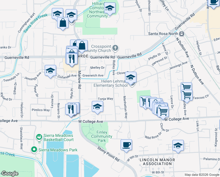 map of restaurants, bars, coffee shops, grocery stores, and more near 1537 Ridley Avenue in Santa Rosa