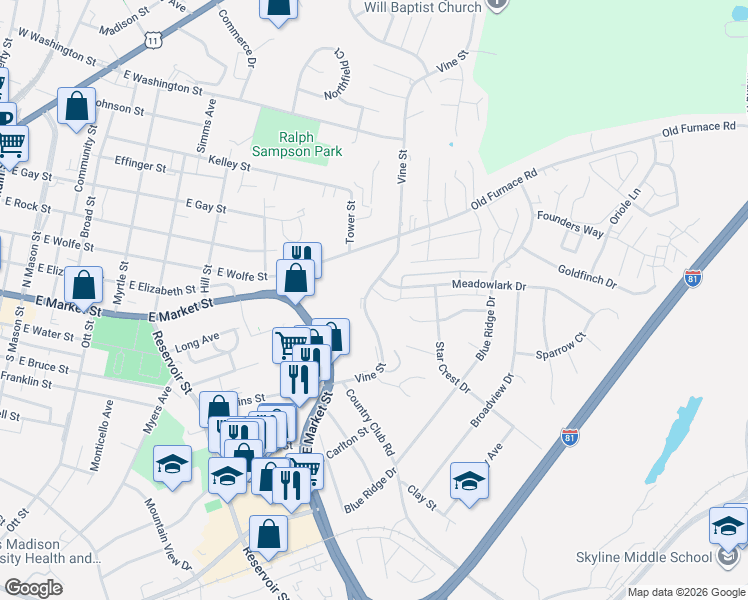map of restaurants, bars, coffee shops, grocery stores, and more near in Harrisonburg