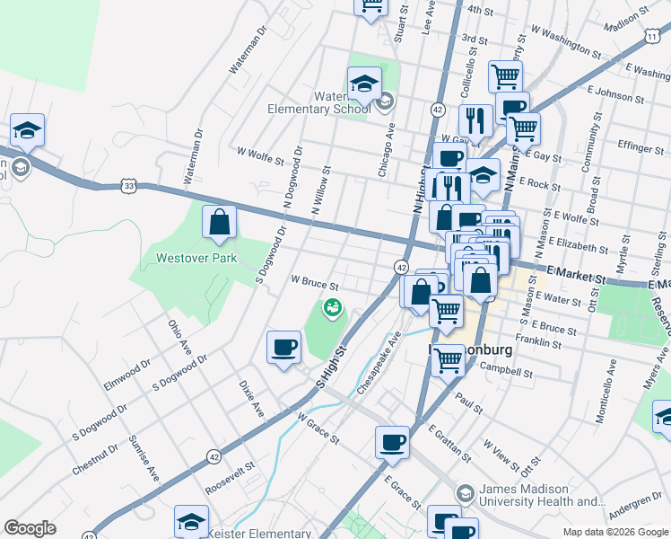 map of restaurants, bars, coffee shops, grocery stores, and more near 52-98 S Brook Ave in Harrisonburg