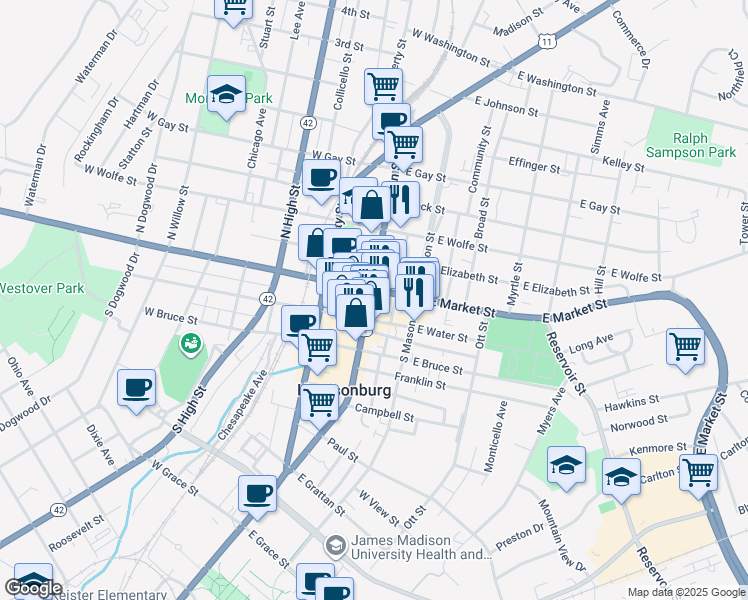 map of restaurants, bars, coffee shops, grocery stores, and more near in Harrisonburg