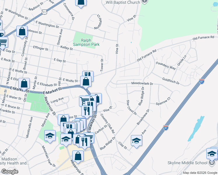 map of restaurants, bars, coffee shops, grocery stores, and more near in Harrisonburg