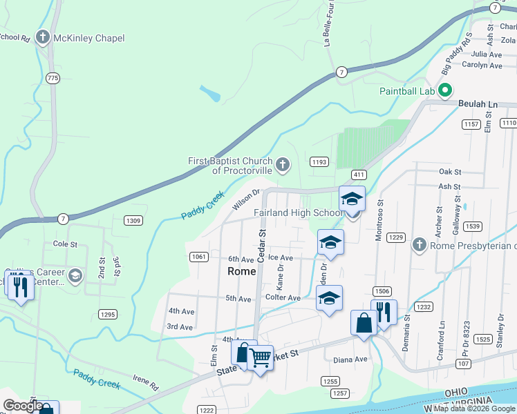 map of restaurants, bars, coffee shops, grocery stores, and more near 544 County Road 411 in Proctorville