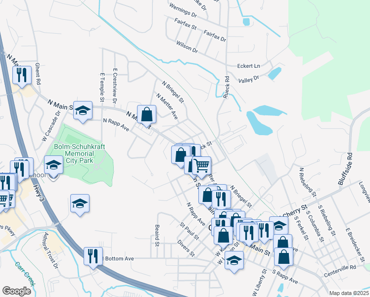 map of restaurants, bars, coffee shops, grocery stores, and more near 720 North Metter Avenue in Columbia