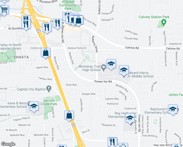 map of restaurants, bars, coffee shops, grocery stores, and more near 8278 Leesburg Way in Elk Grove