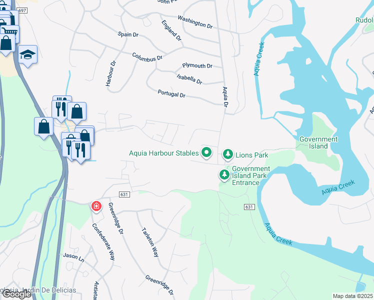 map of restaurants, bars, coffee shops, grocery stores, and more near 120 Pilgrim Cove in Stafford