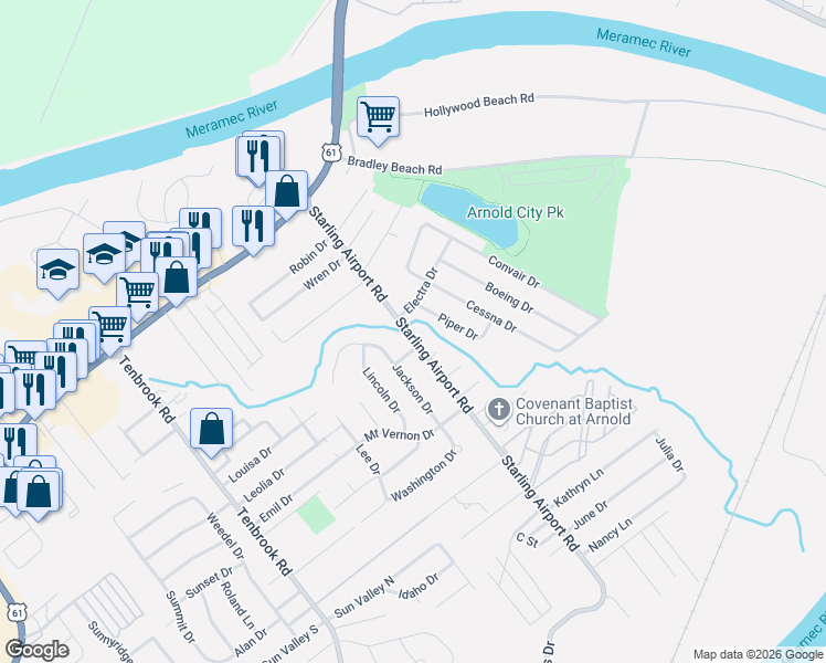 map of restaurants, bars, coffee shops, grocery stores, and more near 2269 Piper Drive in Arnold