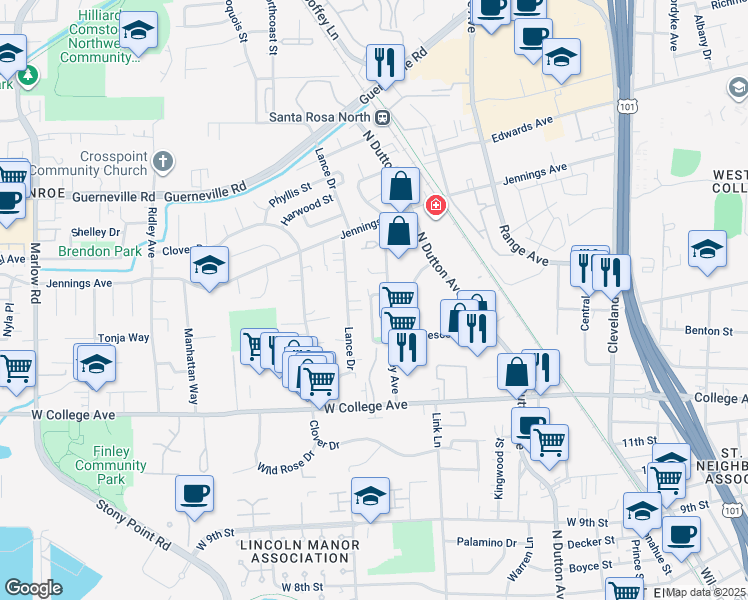 map of restaurants, bars, coffee shops, grocery stores, and more near 1266 Lance Drive in Santa Rosa