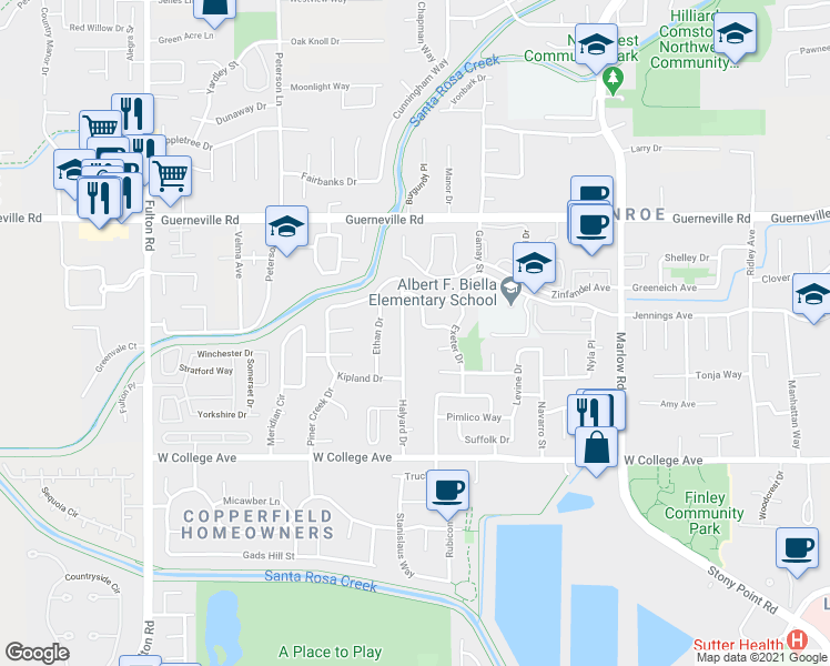 map of restaurants, bars, coffee shops, grocery stores, and more near 1183 Halyard Drive in Santa Rosa