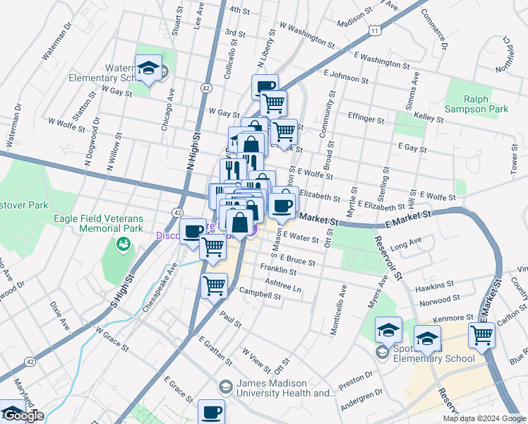 map of restaurants, bars, coffee shops, grocery stores, and more near in Harrisonburg