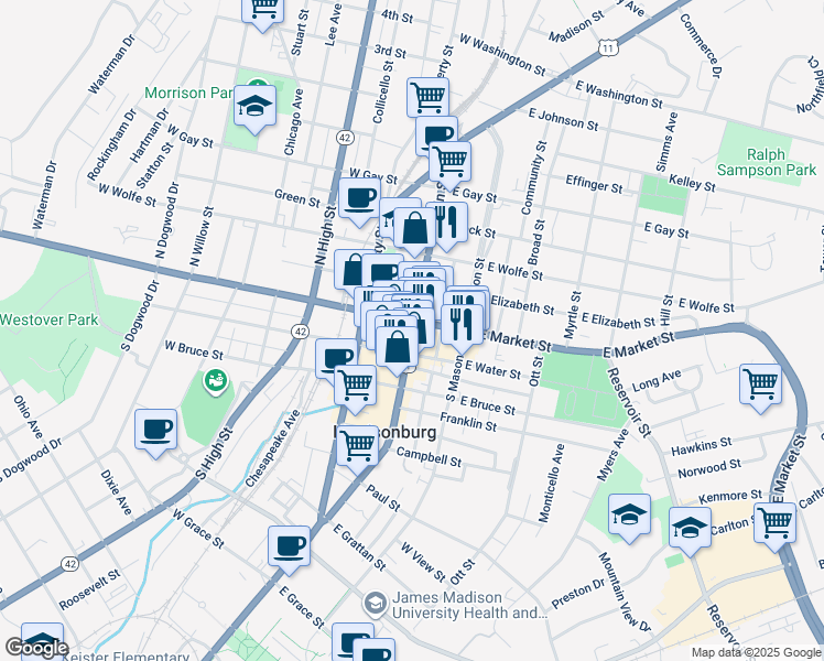 map of restaurants, bars, coffee shops, grocery stores, and more near in Harrisonburg