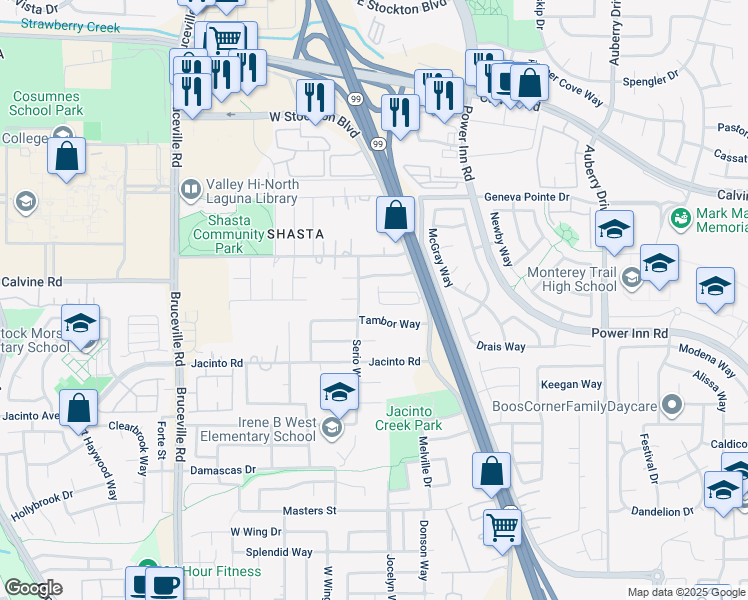 map of restaurants, bars, coffee shops, grocery stores, and more near 8476 West Stockton Boulevard in Elk Grove