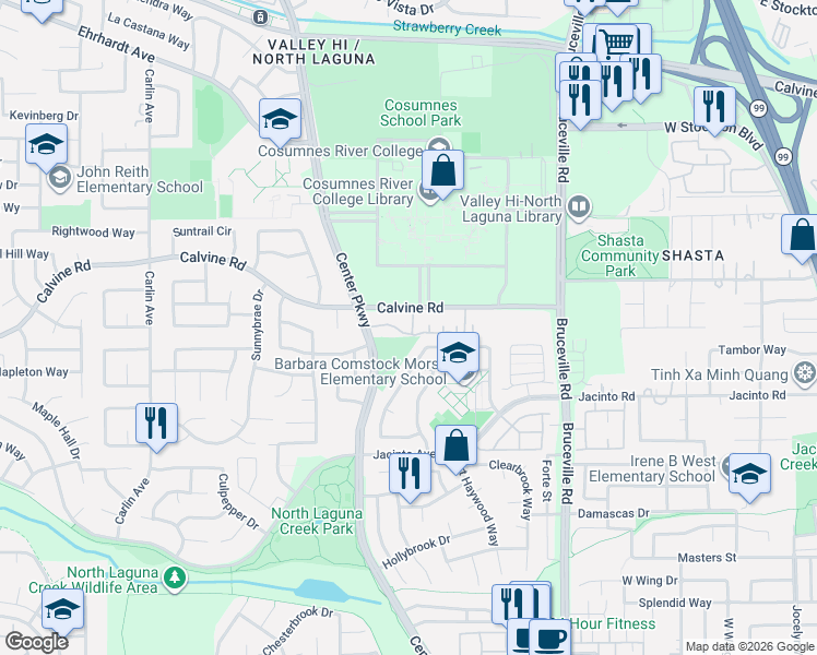 map of restaurants, bars, coffee shops, grocery stores, and more near 6730 Calvine Road in Sacramento