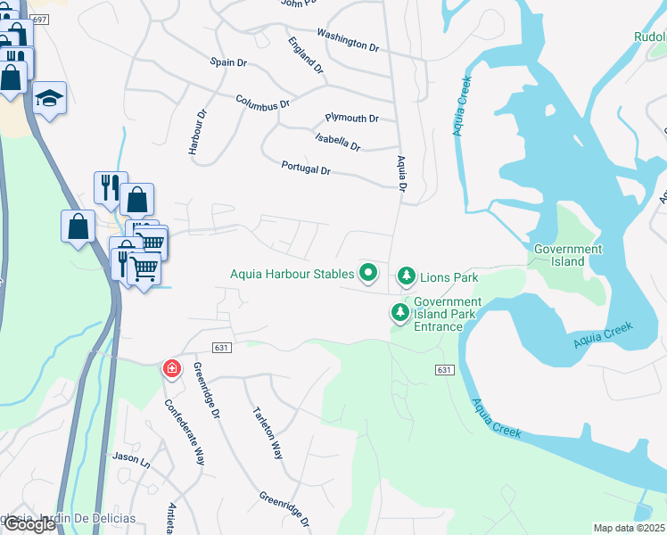 map of restaurants, bars, coffee shops, grocery stores, and more near 120 Pilgrim Cove in Stafford