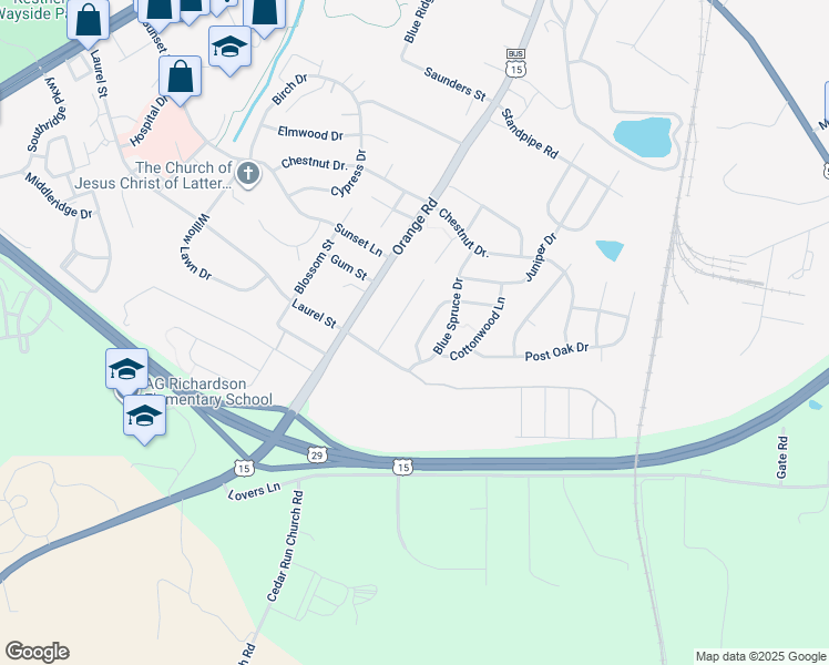 map of restaurants, bars, coffee shops, grocery stores, and more near 2288 Forsythia Drive in Culpeper