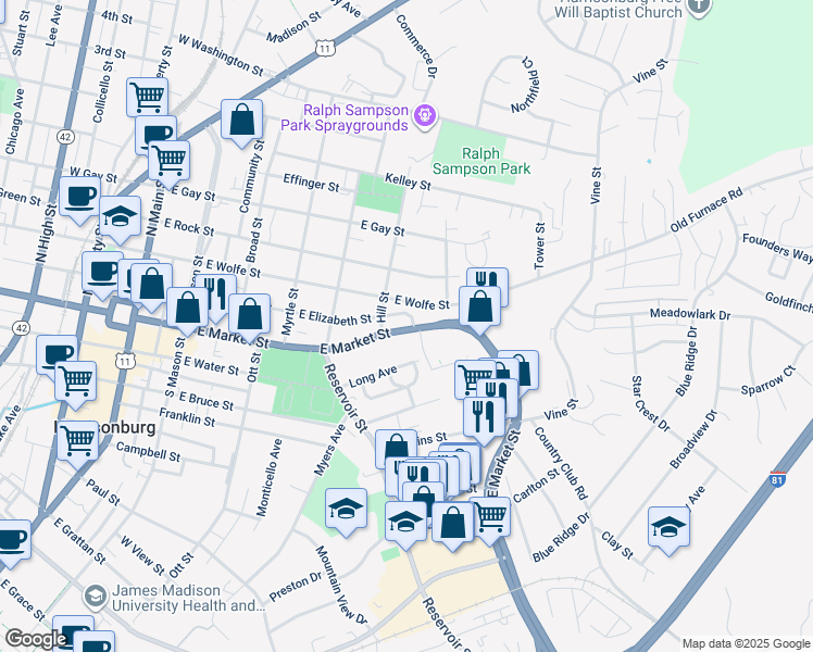 map of restaurants, bars, coffee shops, grocery stores, and more near 632 East Market Street in Harrisonburg