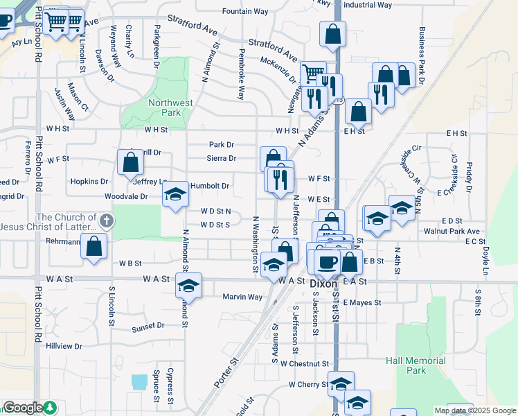 map of restaurants, bars, coffee shops, grocery stores, and more near 491 West E Street in Dixon