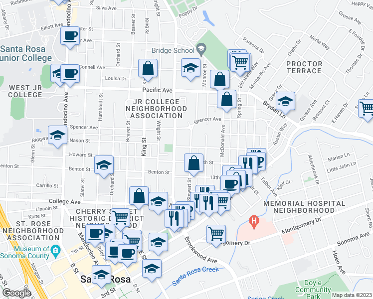 map of restaurants, bars, coffee shops, grocery stores, and more near 927 Stewart Street in Santa Rosa