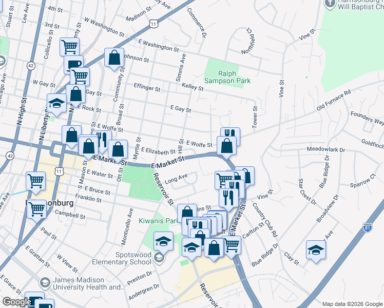 map of restaurants, bars, coffee shops, grocery stores, and more near 639 East Wolfe Street in Harrisonburg