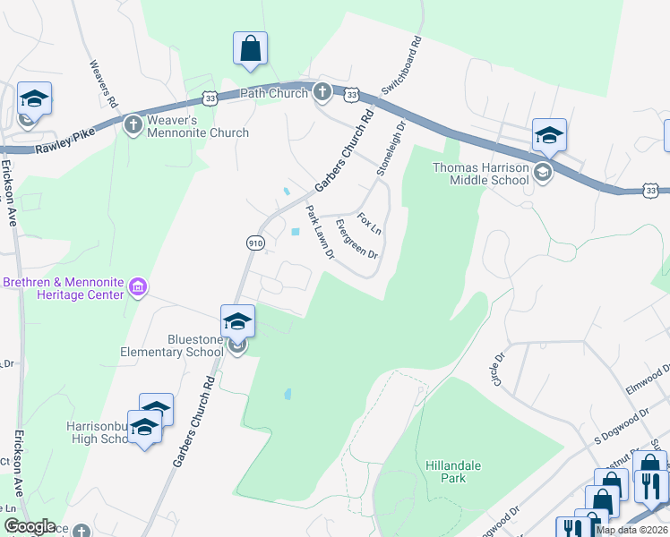 map of restaurants, bars, coffee shops, grocery stores, and more near 1747 Parklawn Drive in Harrisonburg