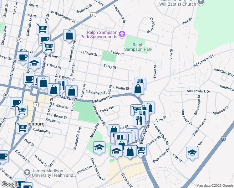 map of restaurants, bars, coffee shops, grocery stores, and more near 632 East Market Street in Harrisonburg