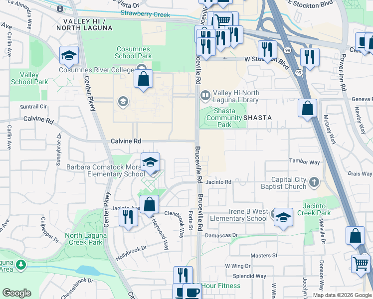 map of restaurants, bars, coffee shops, grocery stores, and more near 7190 Calvine Road in Sacramento