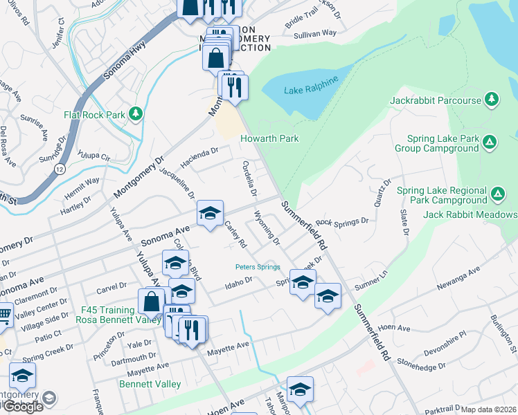 map of restaurants, bars, coffee shops, grocery stores, and more near 650 Cordelia Drive in Santa Rosa