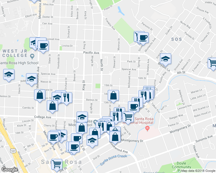 map of restaurants, bars, coffee shops, grocery stores, and more near 1119 15th Street in Santa Rosa
