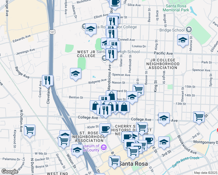map of restaurants, bars, coffee shops, grocery stores, and more near 917 Mendocino Avenue in Santa Rosa