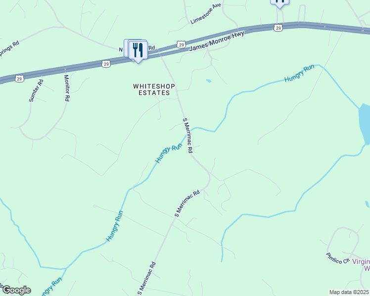 map of restaurants, bars, coffee shops, grocery stores, and more near 18312 South Merrimac Road in Culpeper