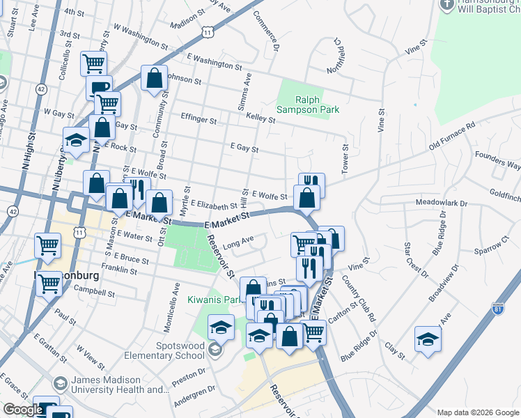 map of restaurants, bars, coffee shops, grocery stores, and more near 639 East Wolfe Street in Harrisonburg