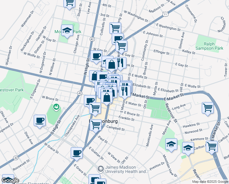 map of restaurants, bars, coffee shops, grocery stores, and more near in Harrisonburg