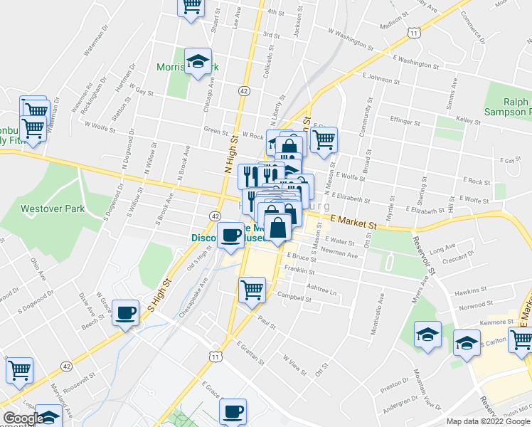 map of restaurants, bars, coffee shops, grocery stores, and more near 53 Court Square in Harrisonburg
